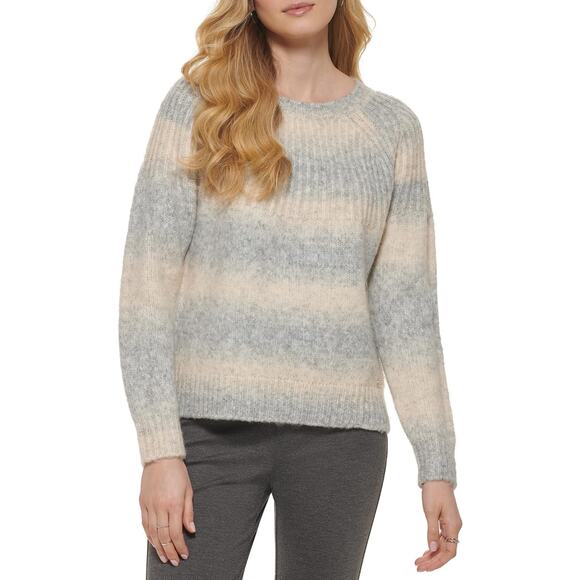 DKNY Gray Cream Ombre Striped Crewneck Soft Knit Pullover Sweater XL NWT - Picture 1 of 11